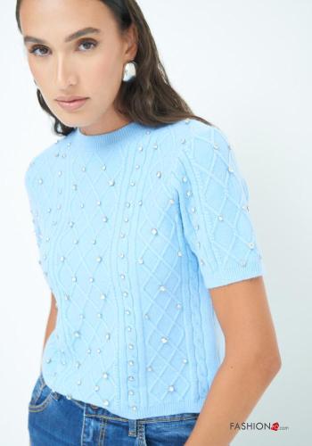 Camisola manga curta gola redonda Padrão bordado com strass - ph 3