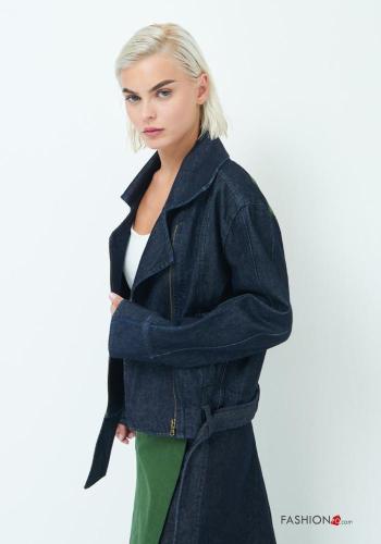 Denim mit schnalle Bikerjacke aus Baumwolle mit Reißverschluss mit stoffgürtel - ph 2