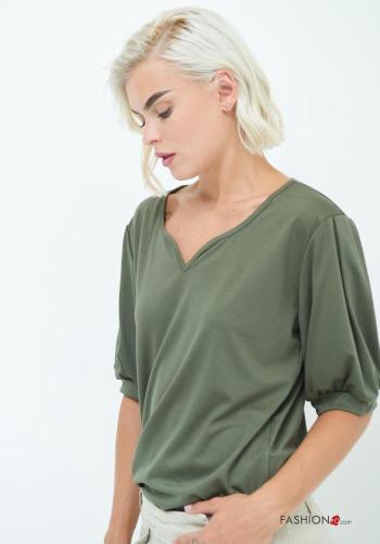 puff sleeve short sleeve T-shirt with v-neck - ph 3