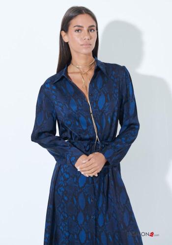 Snake print long sleeve with collar Shirt dress with buttons with fabric belt - ph 2
