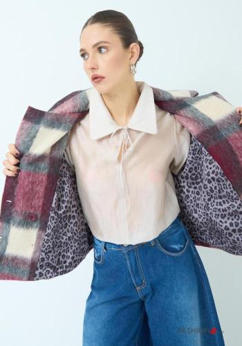 Manteau en Mélange de Laine courte à collet manches longues Imprimé vichy avec poches avec doublure à boutons - ph 2