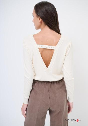 long sleeve crew neck backless Sweater with rhinestones - ph 2