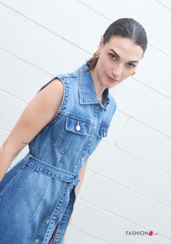 sleeveless with collar denim Cotton Dress with buttons with fabric belt with pockets - ph 2