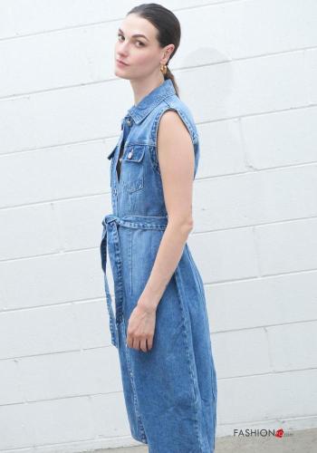 sleeveless with collar denim Cotton Dress with buttons with fabric belt with pockets - ph 3