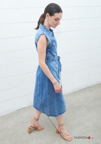 sleeveless with collar denim Cotton Dress with buttons with fabric belt with pockets - ph 4