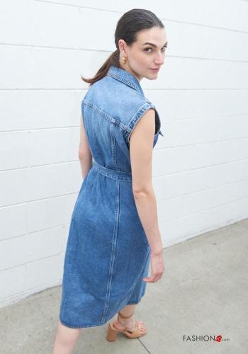 sleeveless with collar denim Cotton Dress with buttons with fabric belt with pockets - ph 5