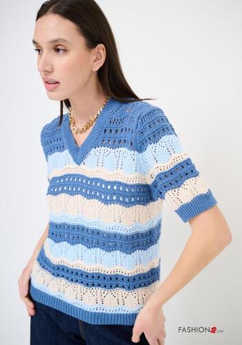 Maglione in Cotone maniche corte uncinetto Fantasia ricamata scollo a V - ph 3
