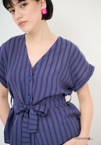 Blusa maniche corte Fantasia righe scollo a V con cintura in stoffa - ph 2