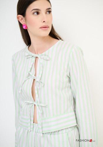 Striped long sleeve crew neck Cotton Blouse with bow - ph 2