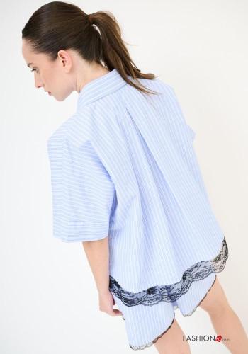 Camisa de Algodón encaje con cuello a rayas con botones manga tres cuartos - ph 2