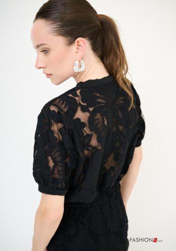 Embroidered crew neck short sleeve puff sleeve lace trim Cotton Blouse - ph 3