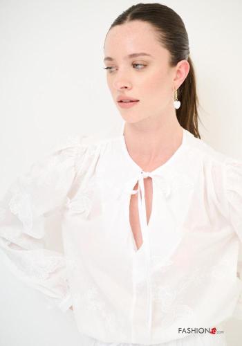 Blusa in Cotone girocollo pizzo maniche lunghe Fantasia ricamata con fiocco - ph 2