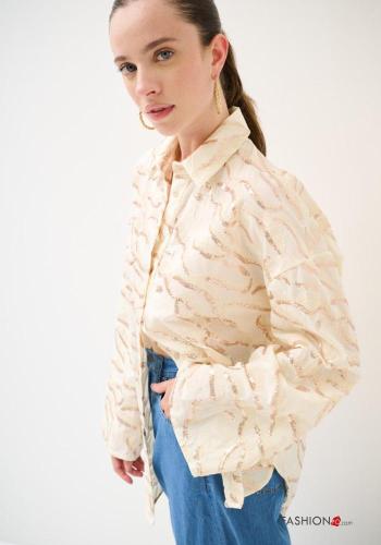 Chemise en Coton manches longues à collet à paillettes à boutons - ph 3