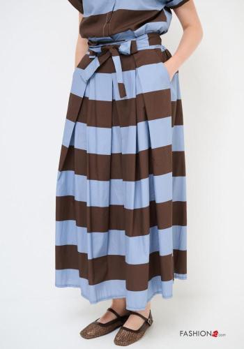 Striped full Cotton Skirt with fabric belt with elastic with pockets - ph 2