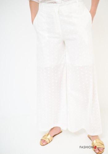 Pantalon en Coton wide leg à broderie avec poches à boutons broderie anglaise avec fermeture éclair - ph 2
