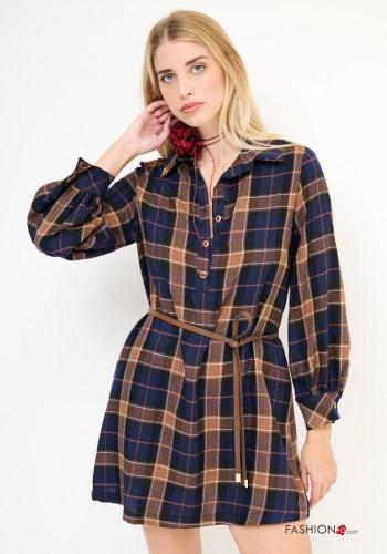 Tartan-Muster lange ärmel mit kragen Kleid mit Gürtel mit Knöpfen - ph 2