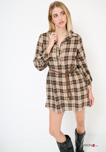 Tartan-Muster lange ärmel mit kragen Kleid aus Baumwolle mit Gürtel mit Knöpfen - ph 2