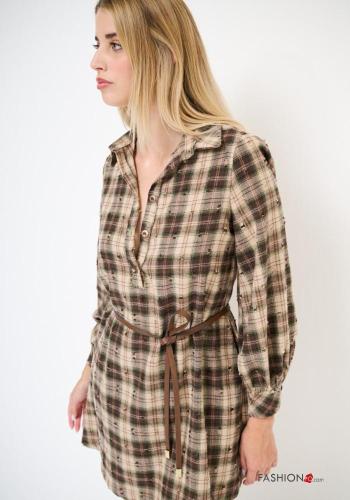Tartan-Muster lange ärmel mit kragen Kleid aus Baumwolle mit Gürtel mit Knöpfen - ph 3