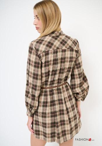 Tartan-Muster lange ärmel mit kragen Kleid aus Baumwolle mit Gürtel mit Knöpfen - ph 4