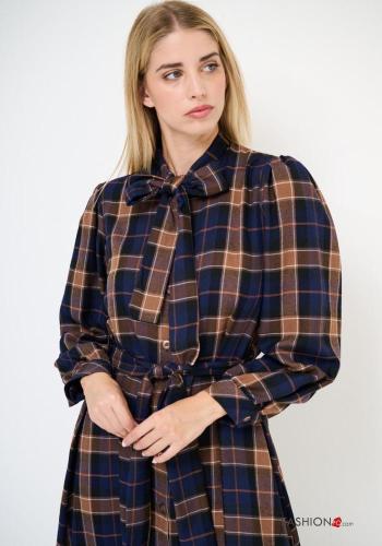 Tartan-Muster lange ärmel Kleid mit Knöpfen mit stoffgürtel mit Schleife - ph 2