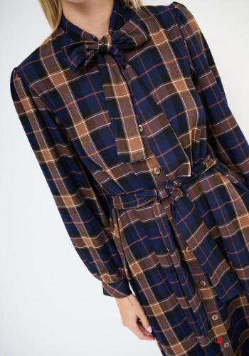 Tartan-Muster lange ärmel Kleid mit Knöpfen mit stoffgürtel mit Schleife - ph 3