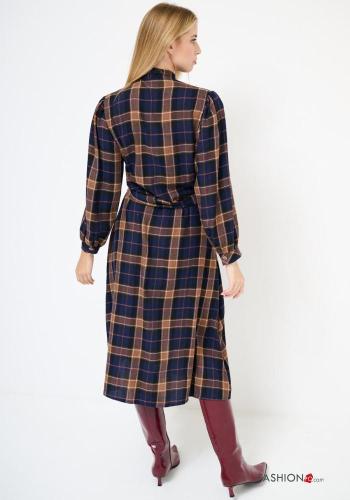 Tartan-Muster lange ärmel Kleid mit Knöpfen mit stoffgürtel mit Schleife - ph 4