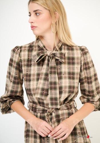 Tartan-Muster lange ärmel Blusenkleid aus Baumwolle mit Knöpfen mit stoffgürtel mit Schleife - ph 2