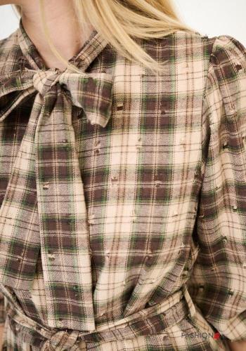 Tartan-Muster lange ärmel Blusenkleid aus Baumwolle mit Knöpfen mit stoffgürtel mit Schleife - ph 3