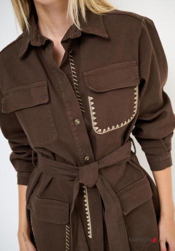 Besticktes Muster lange ärmel mit kragen Blazer aus Baumwolle mit Taschen mit stoffgürtel - ph 2