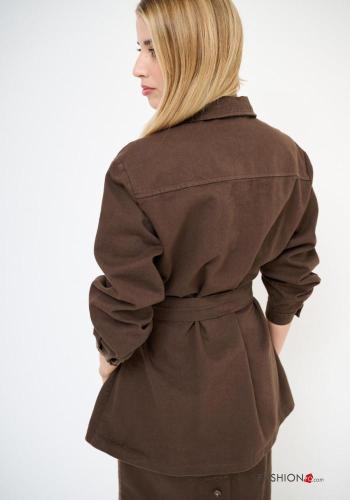 Besticktes Muster lange ärmel mit kragen Blazer aus Baumwolle mit Taschen mit stoffgürtel - ph 3