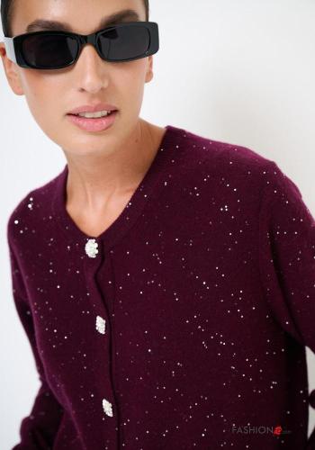 long sleeve crew neck shiny Cashmere Blend Cardigan with buttons - ph 2