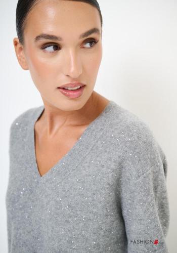 long sleeve shiny Cashmere Blend Sweater with sequins with split with v-neck - ph 2