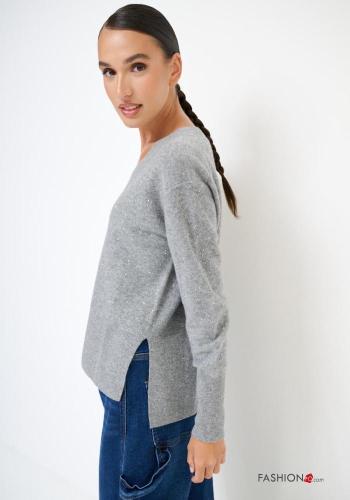 long sleeve shiny Cashmere Blend Sweater with sequins with split with v-neck - ph 3