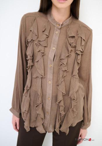 long sleeve crew neck Wool Mix Shirt with flounces with buttons - ph 2