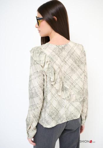 Geometrisches Muster lange ärmel u-boot ausschnitt Bluse mit Volants - ph 3