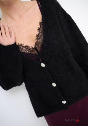 Gilet en Mélange de Laine détail dentelle manches longues à boutons à col en V - ph 2