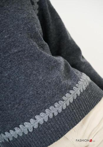 Besticktes Muster lange ärmel u-boot ausschnitt Strickpullover aus Wollstoff mit schlitz - ph 2