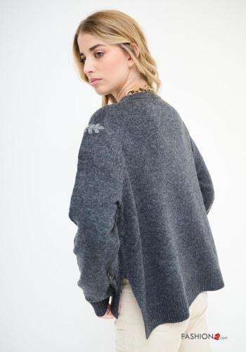 Besticktes Muster lange ärmel u-boot ausschnitt Strickpullover aus Wollstoff mit schlitz - ph 3