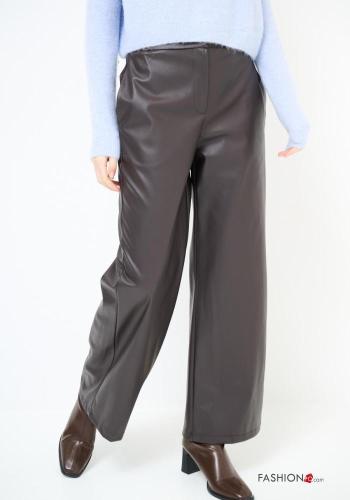 Pantalones imitación de cuero wide leg con bolsillos con cremallera con botones - ph 2