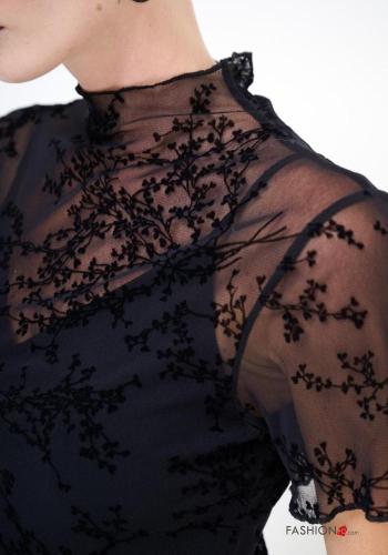 Blumenmuster Tüll- kurze ärmel Kleid Rollkragen- mit Futter - ph 3