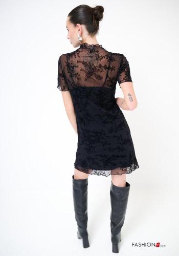 Blumenmuster Tüll- kurze ärmel Kleid Rollkragen- mit Futter - ph 4