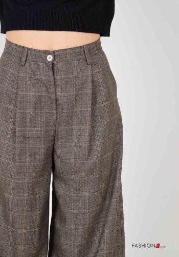 Pantalones cintura alta wide leg Estampado tartán con bolsillos con cremallera con botones - ph 3