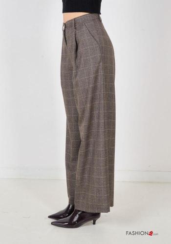 Pantalones cintura alta wide leg Estampado tartán con bolsillos con cremallera con botones - ph 4