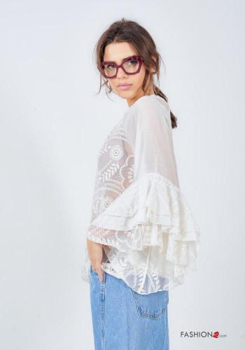 Blouse manches à volant à broderie à col roulé manches à trois-quarts - ph 3