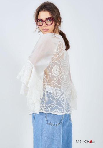 Blouse manches à volant à broderie à col roulé manches à trois-quarts - ph 4