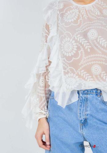 Embroidered long sleeve crew neck Blouse with flounces - ph 2