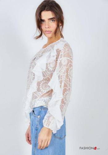Embroidered long sleeve crew neck Blouse with flounces - ph 3