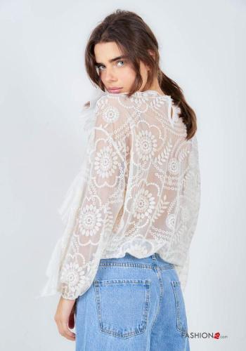 Embroidered long sleeve crew neck Blouse with flounces - ph 4