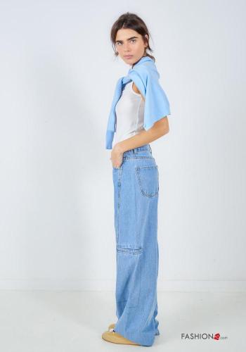 denim wide leg Cotton Jeans with buttons with zip with pockets - ph 3