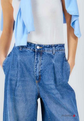 denim wide leg Cotton Jeans with buttons with zip with pockets - ph 2